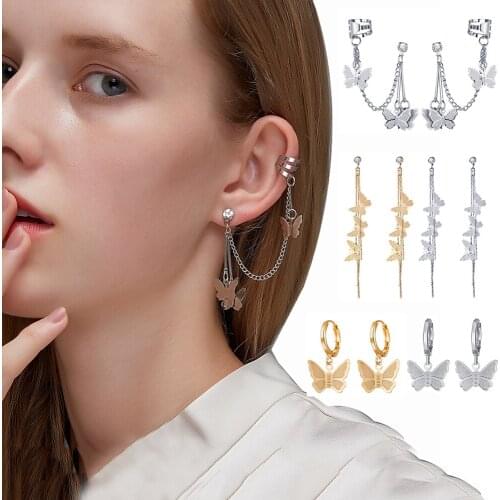 Fashion Layered Chain Butterfly Earrings Bohemian Long Tassel Earrings for Women Clip On Cartilage Earrings Butterfly Jewelry