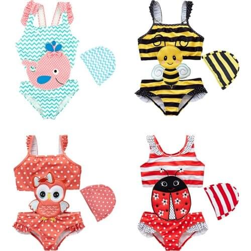 2021 New Baby Girl Swimwear with Swim Hats Cartoon Swimsuit Swimming Beach Bathing Bikini Cute Summer One-piece Swimming Costume