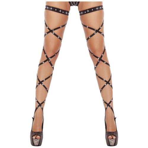 New Sexy Women Lingerie Bandage Fishnet Stockings Thigh-High Crystal Studded Thigh High Leg Rave Wraps Strappy Rhinestone Tights