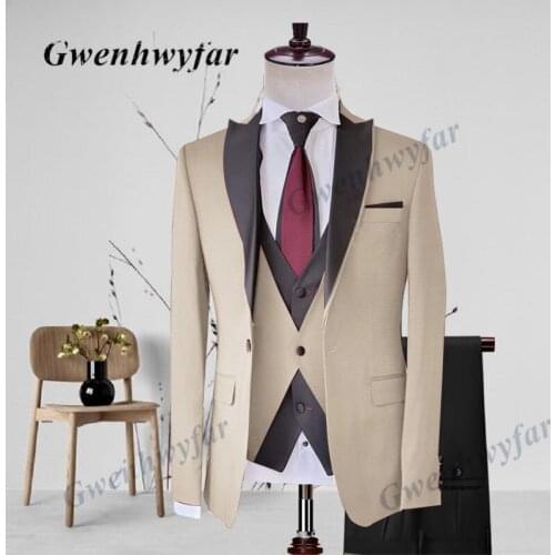 Gwenhwyfar 2021 Autumn New 3 Pieces Suit For Men Custom Designed Wedding Groom Beige Blazer Waistcoat Pants Elegant Party Suits