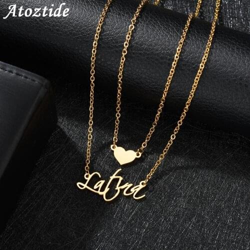 Atoztide Customized Fashion Stainless Steel Name Necklace Personalized Letter Gold Double Layer Heart Necklace Pendant Name Gift