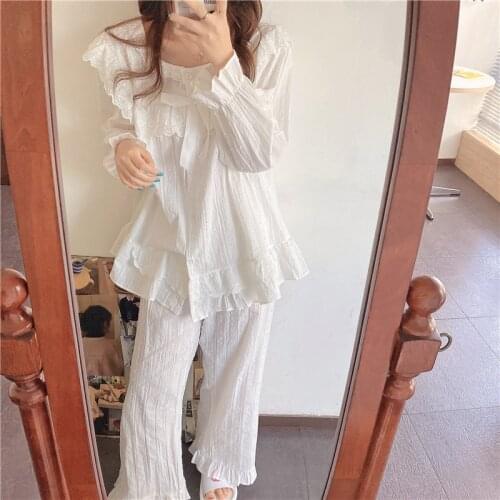 White lace cotton lolita princess pajamas set women sleepwear home suit ruffles bow bit dot loose shirt pants pijamas 2Pcs Y167