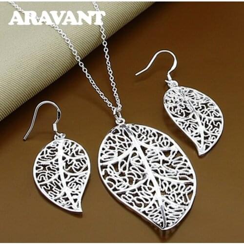 Silver 925 Jewelry Set Leaves Pendant Necklaces Earrings Set For Women Bridal Fashion Jewelry