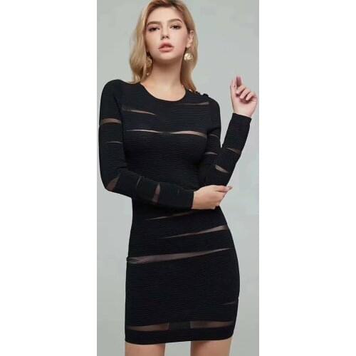 Sexyboutique bandage dress split mesh sexy hollow black mini long sleeve dress