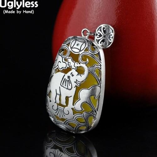 Uglyless Back Carved Hollow Elephants Pendants for Women Square Big Size Chalcedony Necklaces NO Chains 925 Silver Animals Jewel