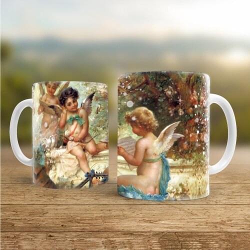 Vintage European Classical Angel 11oz White Ceramic Milk Tea Cups and Travel Coffee Mug