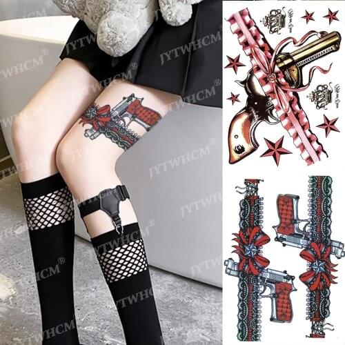 Waterproof Temporary Tattoo Stickers Sexy Thigh Tatoo Pistol Lace Flowers Flash Body Art Large Fake Tatto Sticker For Women Male