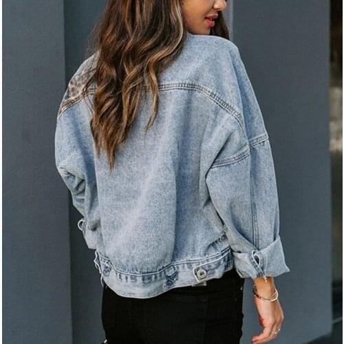 Womens denim jacket with leopard stitching long sleeves 2021 new autumn Korean fashionable coat