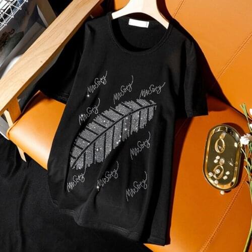 Summer 2021 New Korean Plus Size Short-sleeve T-shirt Womens Fashion Style Leaves Hot Rhinestone Bling Loose Black Female Tops