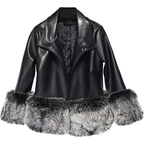 2020 New High Quality Pu Faux Fox Fur Splicing Fashion Coat Temperament Women Leather Jacket Autumn Winter Clothing Women Jacket