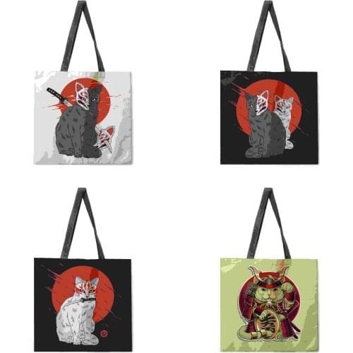 Comic cartoon samurai cat print tote bag ladies casual tote bag outdoor beach bag fashion shopping bag lady shoulder bag