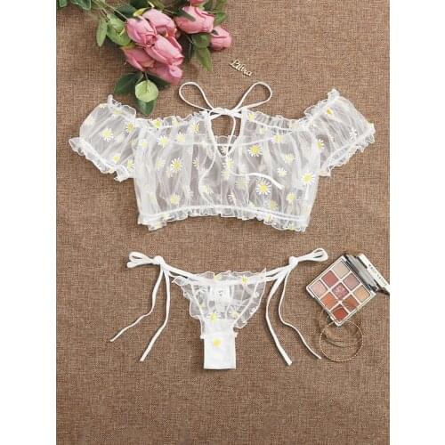 Little Daisy Women Sexy Top+Panties Sets Lace Floral Through Transparent Off Shoulder Puff Lace Up Cropped Bra
