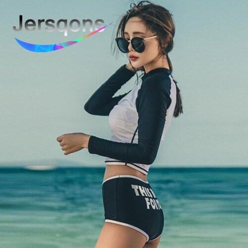 Jersqons Women Sexy Long Sleeve Rash Guard Two Pieces Swimwear 2019 Swimming Suit Surfing Bathing Suit for Surfing Beachwear
