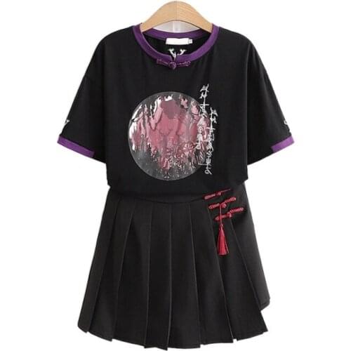 Women Black Casual Dress Sets Hight Waist Mini Skirts Harakuju Print Cotton T Shirts 2021 Summer 2 Piece Set Girls Outfit Suit
