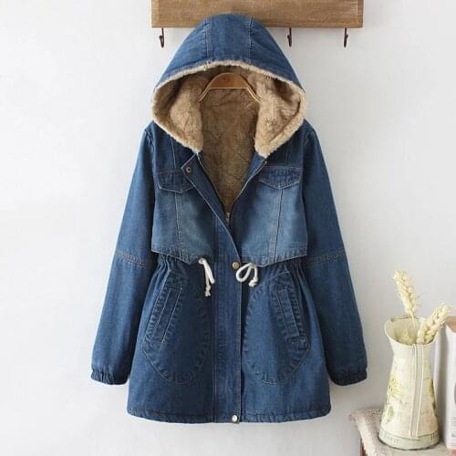 Winter wear Japanese college style plus velvet ladies cotton-padded hooded mid-length waist denim cotton jacket