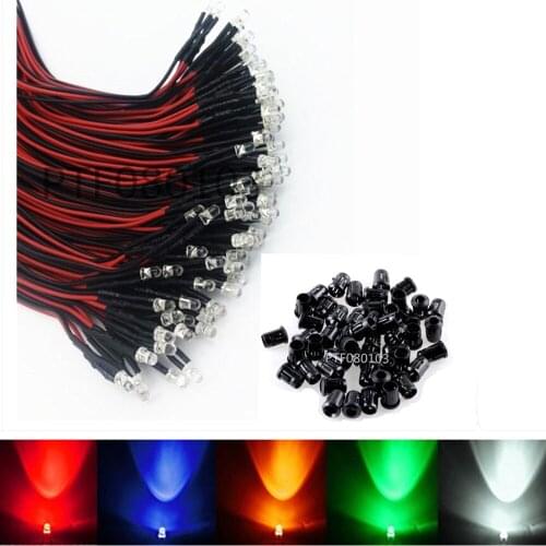 20-100pcs 3mm/5mm Red/Green/Blue/RGB 12V DC Round Pre-Wired Water Clear LED With Plastic Holder