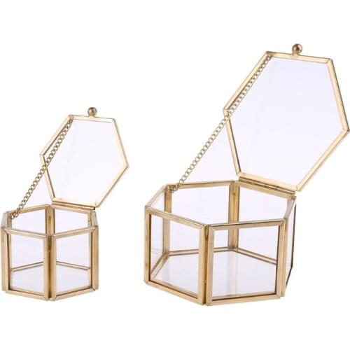 2021 New Nordic Hexagon Transparent Glass Wedding Ring Box Eternal Flower Storage Innovative Home Decoration Ornaments