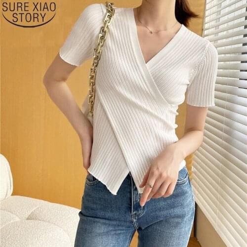 2021 Summer Knitwear Casual Fashion Cross V-neck Blouse Sexy Slim Knitted Shirt Women Tops Solid Korean Ladies Clothes 15036