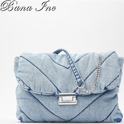 Brand Design Blue Denim Shoulder Purse New Wave Quilted Shoulder Bag Women Metal Chain Crossbody Tote Bags Female Handbag Women