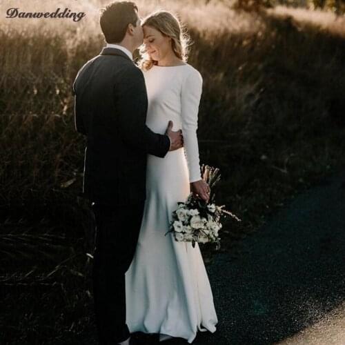 Elegant Sheath Long Sleeve Scalloped-Neck Wedding Dresses Sexy Backless Floor-Length Cover Button With Back Bridal Dresses