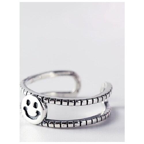 S925 Silver Cute Double Smiley Open Ring, Japan And South Korea Simple Small Fresh Creative Jewelry