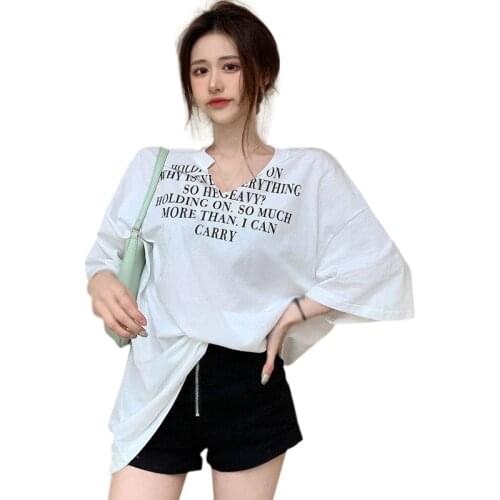 Korean Style Summer Sexy T Shirt Women Hip Hop Letter Printed Short Sleeves Loose V Neck Simple Tees Tops