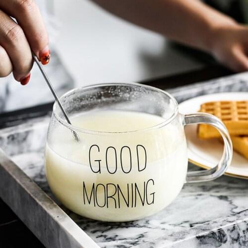 Creative Letter Printed Glass Mug Transparent Coffee Tea Drink Dessert Breakfast Milk Cup Glass Mugs With Lid & Handle Drinkware