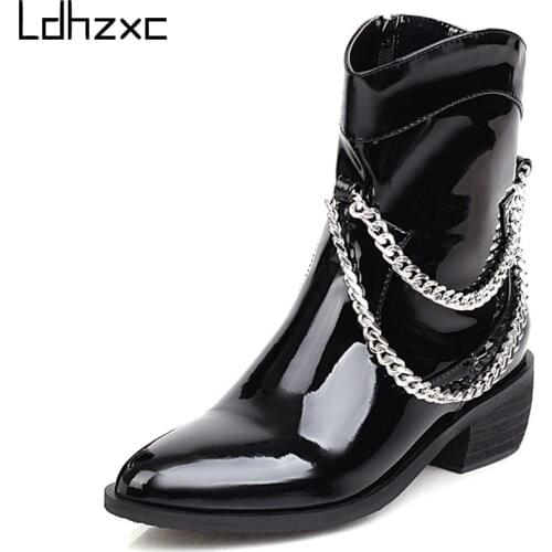 LDHZXC 2020 fashion Patent Leather Ankle Boots For Women Metal Chain Female Short Boots Middle High Heels Shoes Solid Loose