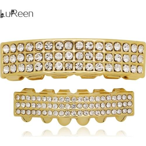 LuReen Hip Hop 3 Row Rhinestone Teeth Grillz Top Bottom Dental Grills Set Gold Silver Color Tooth Caps Fashion Jewelry Gift
