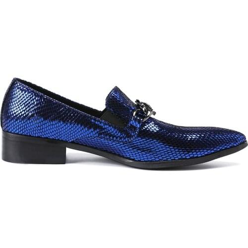 Blue Embossed Leather Business Men Shoes Slip On Men Brogues Formal Oxford Shoes for Men Dress Shoes With Metal Chain