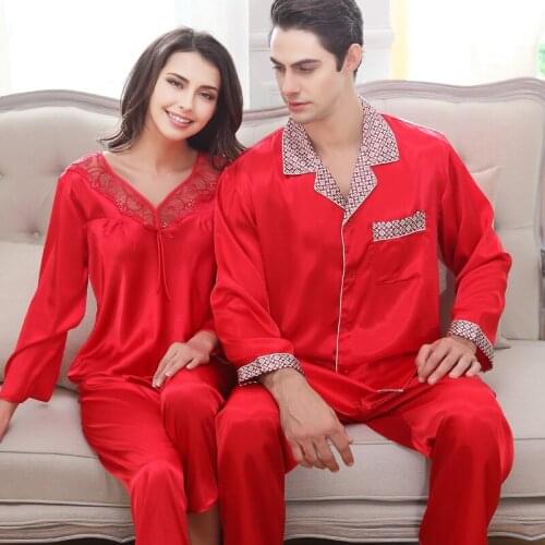 Couples Silk Wedding Sleepwear Mens Nightgown Silkly Satin Mens Pajamas Sleepwear Classic Long Sleeved Homewear 2pcs D-2162