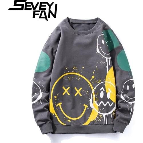 SEVEYFAN 2021 New Sweatshirt Mens Youth Fashion Smiley Print Pullover Hip Hop Sports Long Sleeve T-shirt Male