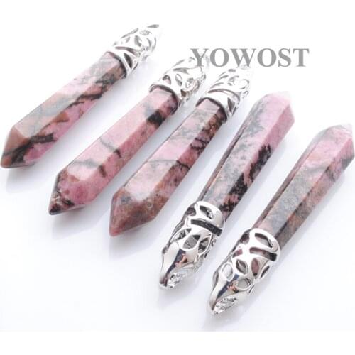 Natural Gem Stone Hexagon Pillar Pendant Healing Rhodonite Suspension for Women Men Trendy Jewelry Wholesale 5pcs IN3826
