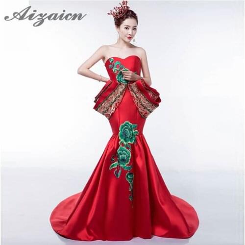 Luxury Slim Sexy Mermaid Evening Dresses Vintage High-end Embroidery Red Flower Qipao Chinese Wedding Dress Cheongsam Women