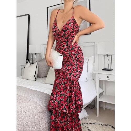 Shein Romwe Y2K Sexy Sleeveless Print Ruffle Hem Maxi Vestidos Robe Slim Evening Party Floral Dress