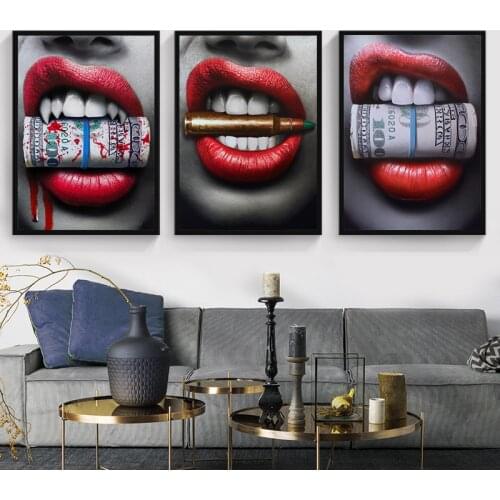 Modern Wall Art Prints Posters Sexy Red Lips Bite Bullet and Money Canvas Painting For Pub Bar Living Room Decoration