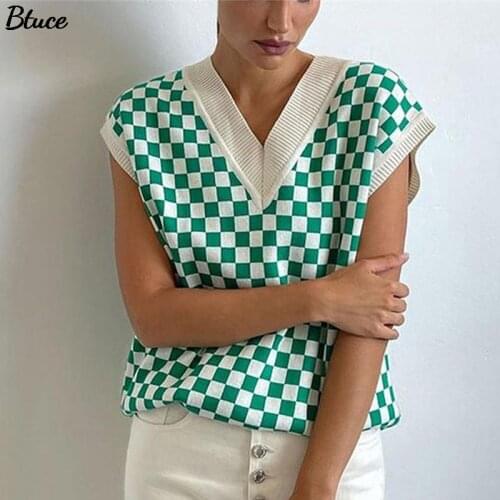 2021 Women V Neck Plaid Print Sweater Vest Autumn Winter Female Casual Harajuku Patchwork Y2k V Neck Knitted Mini Vest Pullovers