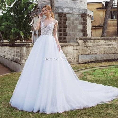 2020 Vestidos De Noiva Long Sleeves A Line Tulle Wedding Dresses Scoop Lace Appliques Open Back Sweep Train Wedding Bridal Gown