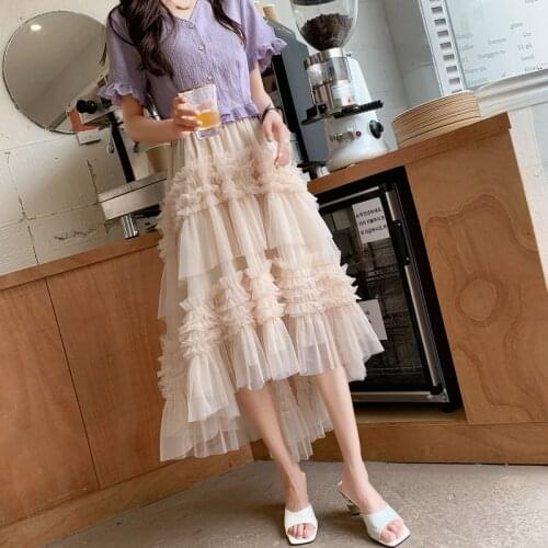 2021 Summer New High Waist Slim Casual Simple Pure Color Sweet Mesh Skirt Elegant Loose Women Irregular Long Skirt Free Shipping