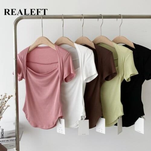 REALEFT Summer 2021 New Solid Square Collar Womens T-Shirts Short Sleeve Bottoming Sexy Knitting Skinny Shirts Tops Female