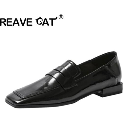 REAVE CAT 2021 Genuine Leather Lady Flats Slip Stepped On Lofers Square Toe 1.5cm Chunky Heel Size 34-42 White Black Beige A4318