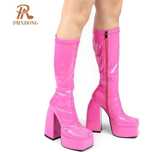 Women Stretch Boots High Heeled Thick Platform Knee High Boots with Side Zipper Elastic Microfiber Party Weddings Dress Big Size