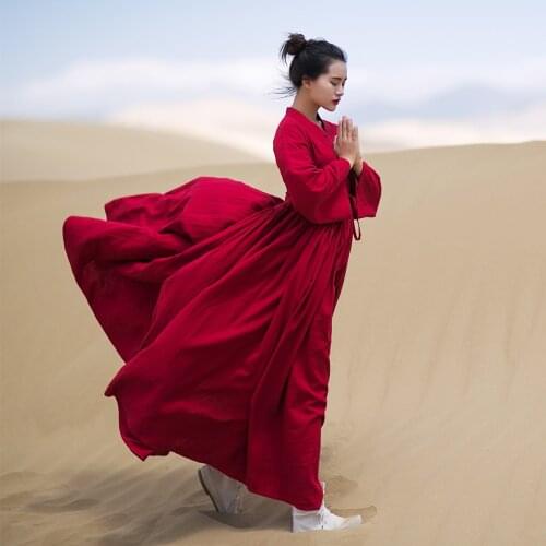 Original Design AIGYPTOS Spring Autumn Women Vintage Dresses Chinese Style Hanfu Long Sleeve Big Swing Cotton Linen Red Dresses