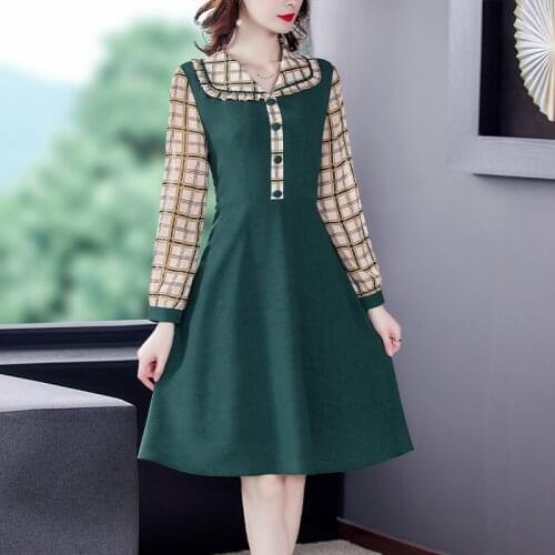 Spring Autumn Vintage Plaid Patchwork Midi Dress 2021 Green 3XL Plus Size Long Sleeve Dress Elegant Women Bodycon Party Vestidos