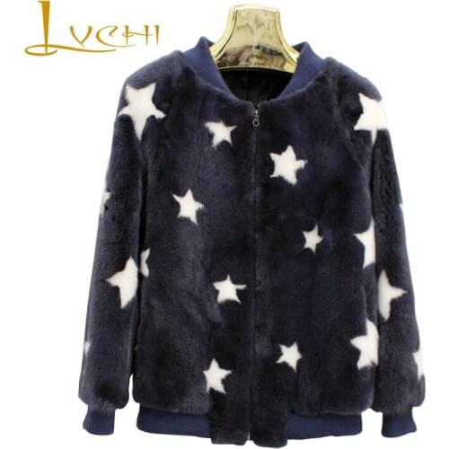 LVCHI Winter 2019 Print Star Long Sleeve Mink Coat Real Fur Import Natural Fur Mink Coat Womens O-Neck Short Slim Mink Coat
