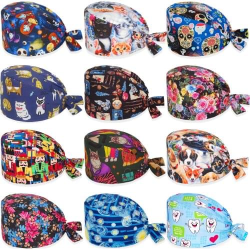 Surgicals Cap Cotton Adjustable Beauty Shop Lab Dental Nursing Caps Teeth Printing Working Scrubs Hats gorros quirurgicos mujer