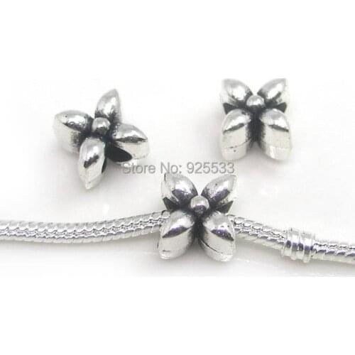 Free shipping 50pcs 10mm antique silver plated alloy new four leaves big hole beads fit European bracelet Jewelry DIY