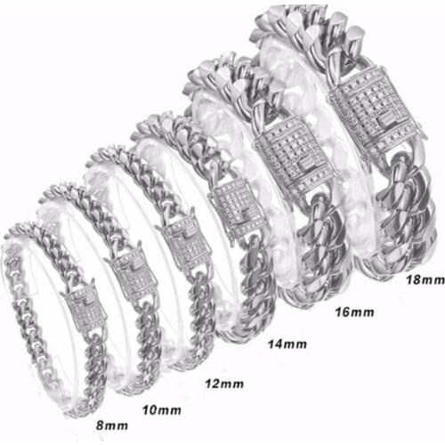 Fashion Crystal 8/10/12/14/16/18mm Stainless Steel Silver Color Cuban Curb Chain Mens Womens Bangle Bracelet Dragon Lock Clasp