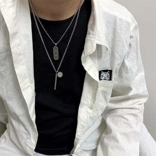 BUDROVKY 2020 New Minimalist Punk Titanium Steel Hip Hop Letter Rectangle Round Pendant Metal Necklace for Women Men Couple