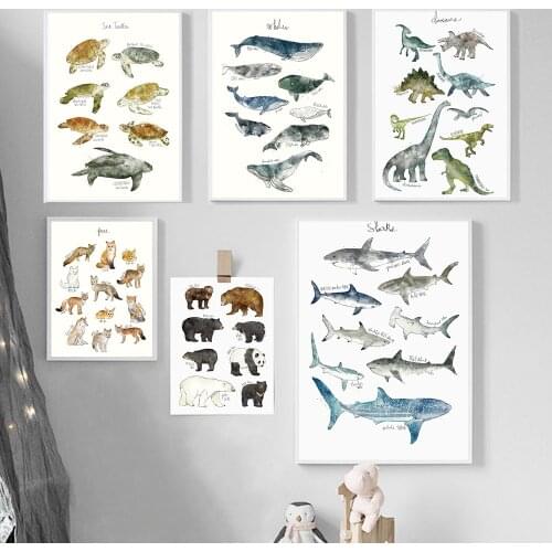 Child Poster Dinosaurs Whale Shark Foxes Bears Animal Nursery Canvas Art Print Education Wall Picture Painting Kids Room Decor